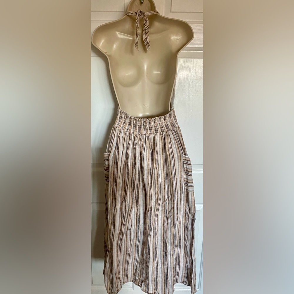 Indigo Rein Midi Dress Linen Brown Beige Stripe Halter V Neck Boho Size Small - Picture 4 of 6